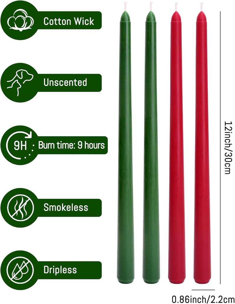 Viyffo Christmas Taper Candles - Green and Red Set of 4, 12 Inch Unscented, Dripless, Smokeless Long Tall Tapered Candlesticks Wedding Home Decor Dinner - Image 2