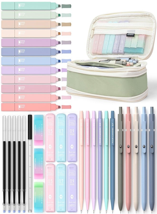 Four Candies 39 PCS Aesthetic School Supplies with Cute Pen Case, 12 Pastel Highlighters, 5 Black Ink Gel Pens, 6 Mechanical Pencils Set for Students Stationary College Essentials (Green) - Image 1