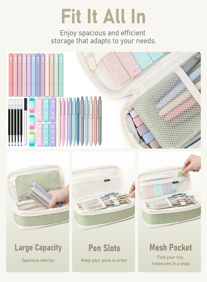 Four Candies 39 PCS Aesthetic School Supplies with Cute Pen Case, 12 Pastel Highlighters, 5 Black Ink Gel Pens, 6 Mechanical Pencils Set for Students Stationary College Essentials (Green) - Image 2