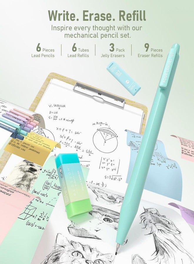 Four Candies 39 PCS Aesthetic School Supplies with Cute Pen Case, 12 Pastel Highlighters, 5 Black Ink Gel Pens, 6 Mechanical Pencils Set for Students Stationary College Essentials (Green) - Image 5