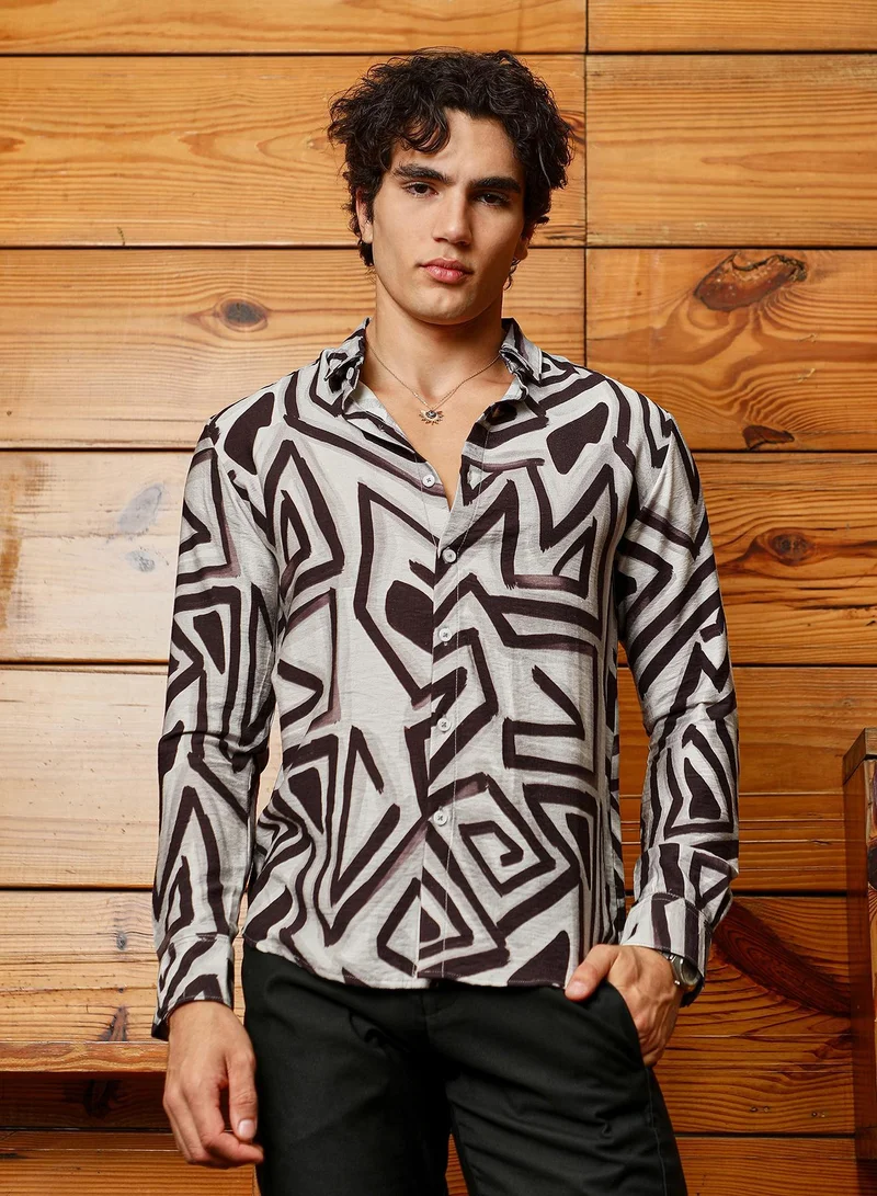 Campus Sutra Men's Onyx Black & Cloud Grey Abstract Breezy Shirt For Casual Wear | Spread Collar | Long Cuffed Sleeves | Button Closure | Shirt Crafted With Comfort Fit For Everyday Wear