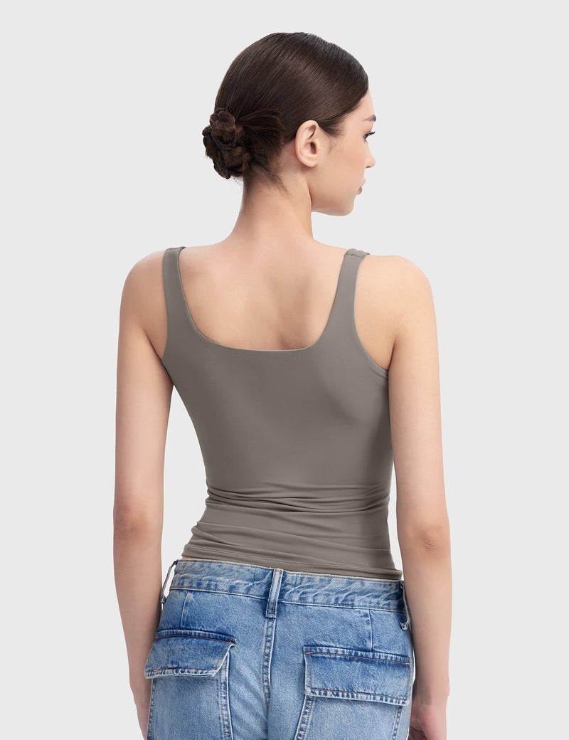 PUMIEY Tank Top for Women Square Neck Sleeveless Double Lined Summer Tops, Elephant Grey Small - Image 3