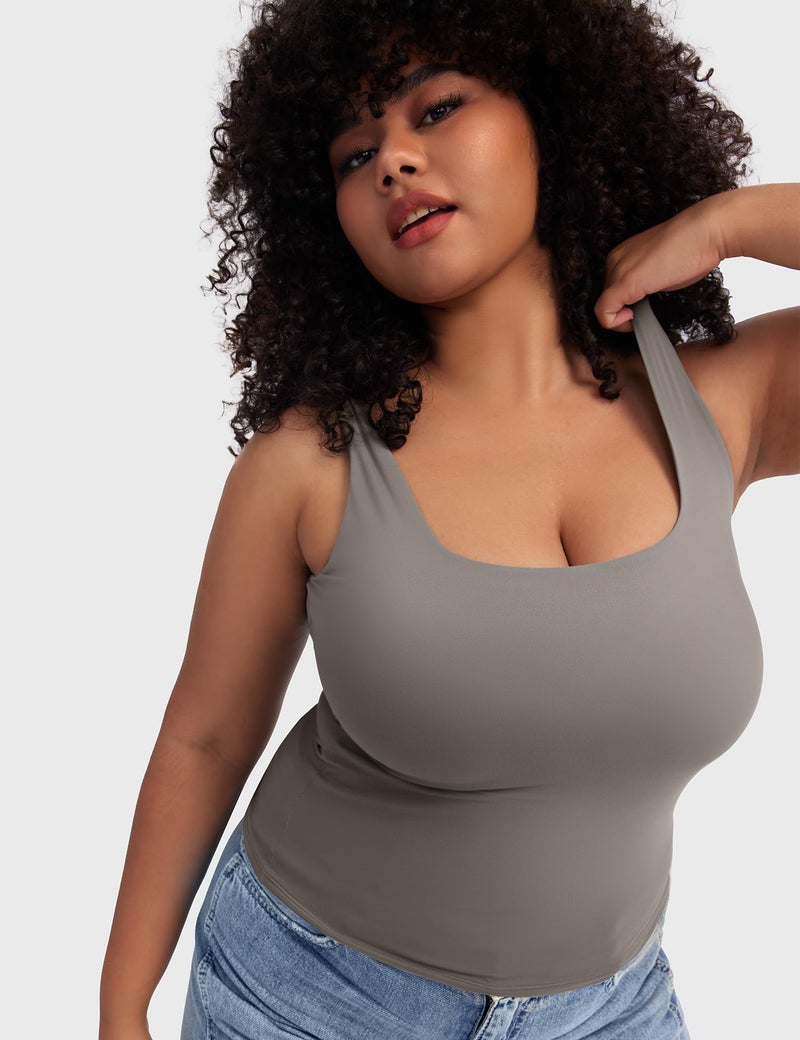 PUMIEY Tank Top for Women Square Neck Sleeveless Double Lined Summer Tops, Elephant Grey Small - Image 4