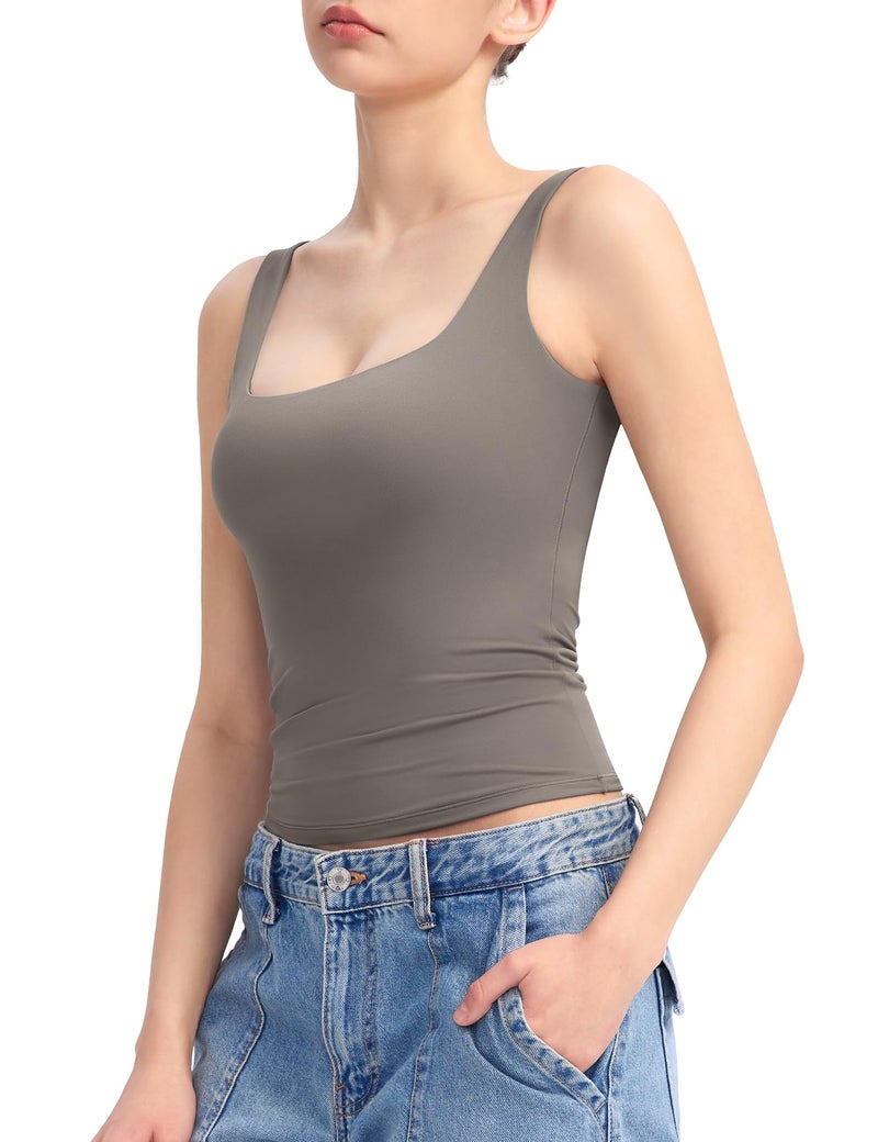 PUMIEY Tank Top for Women Square Neck Sleeveless Double Lined Summer Tops, Elephant Grey Small - Image 1