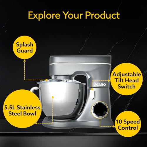AGARO Elegant Stand Mixer, 1400W with 5.5L SS Bowl, 10 Speed Settings, Pulse Function, 100% Copper Motor, Includes Whisker, Beater, Dough Hook, Dark Grey - Image 4