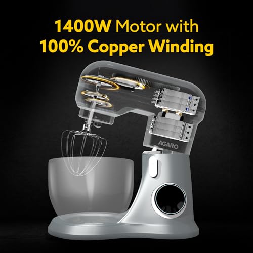 AGARO Elegant Stand Mixer, 1400W with 5.5L SS Bowl, 10 Speed Settings, Pulse Function, 100% Copper Motor, Includes Whisker, Beater, Dough Hook, Dark Grey - Image 3