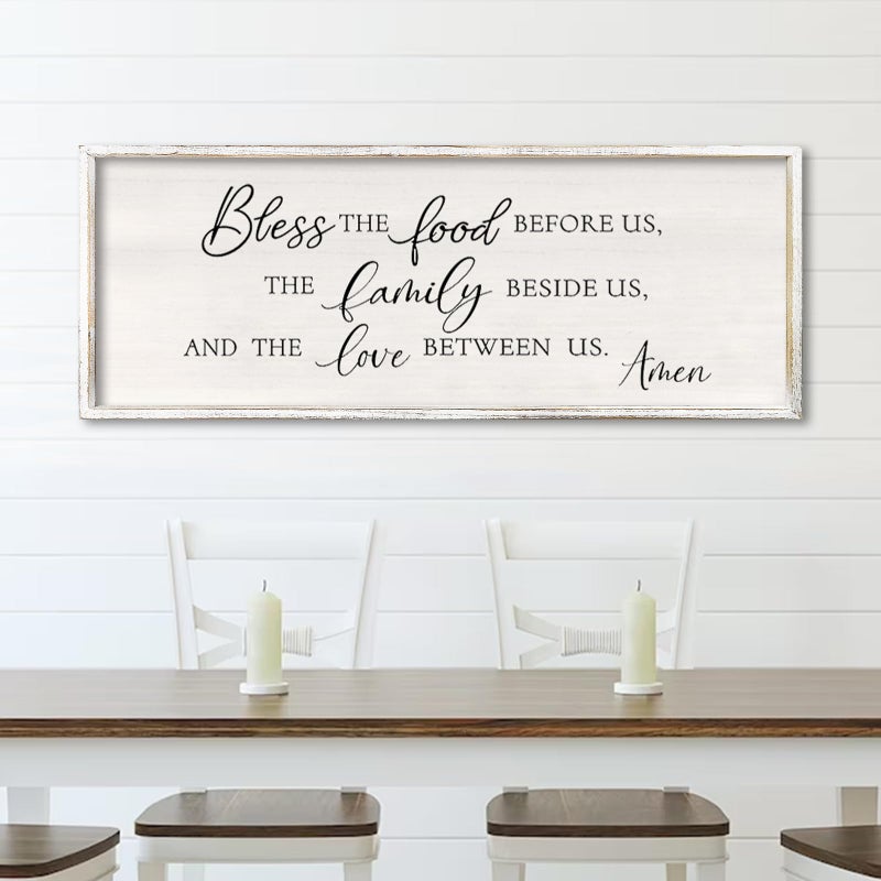 comurdyo Bless the Food Before Us Wall Decor Sign 32" X 12" Home Dining Room Wall Decor Framed Wood for Large Farmhouse Vintage Country Kitchen Living Room Wall Hanging Art (White) - Image 1