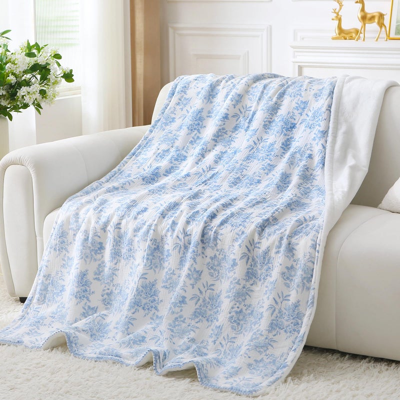 Viviland Fleece Throw Blanket Reversible Muslin Blankets, Soft Throw Blanket for Couch and Bed, Breathable Quilt Bedspread, Gauze Bedding for Adults, Large 50x70 inch, Blue Nerrah - Image 1