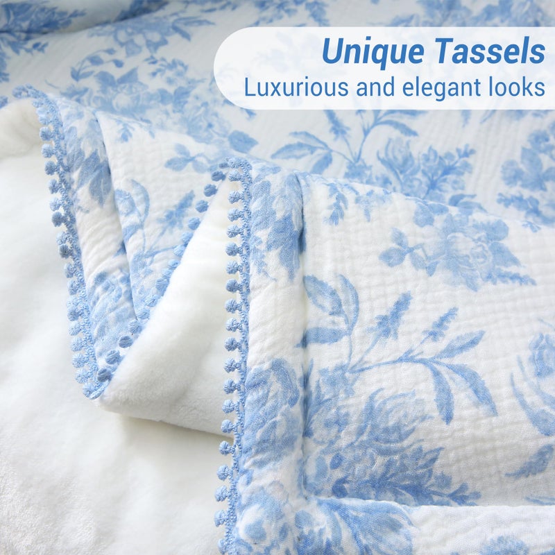 Viviland Fleece Throw Blanket Reversible Muslin Blankets, Soft Throw Blanket for Couch and Bed, Breathable Quilt Bedspread, Gauze Bedding for Adults, Large 50x70 inch, Blue Nerrah - Image 3
