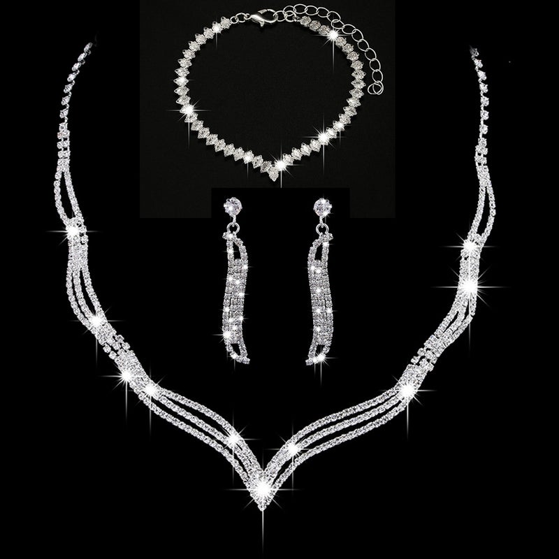 Bridal Jewelry Set Rhinestone Necklace Wholesale White 472848 three-piece stud earrings
