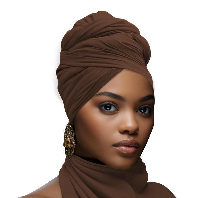 ARKBAODAN Stretch African Head Wraps for Coffee Women - Long Jersey Turban Headwraps, Head Scarf, Headbands (Coffee) - Image 1