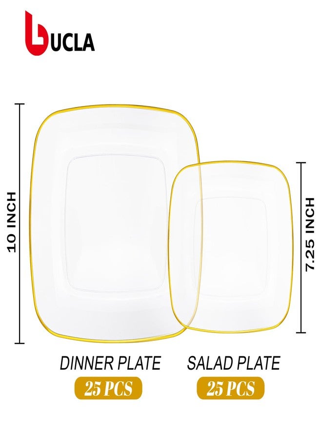 bUCLA 50PCS Clear Plastic Plates with Gold Trim - Heavy Duty Clear Gold Square Plates Disposable - Include 25 Each (Dinner & Dessert) for Party & Wedding - Image 2