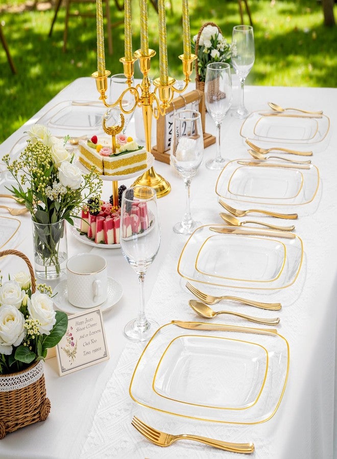 bUCLA 50PCS Clear Plastic Plates with Gold Trim - Heavy Duty Clear Gold Square Plates Disposable - Include 25 Each (Dinner & Dessert) for Party & Wedding - Image 5