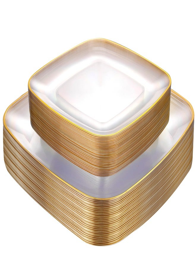 bUCLA 50PCS Clear Plastic Plates with Gold Trim - Heavy Duty Clear Gold Square Plates Disposable - Include 25 Each (Dinner & Dessert) for Party & Wedding - Image 1