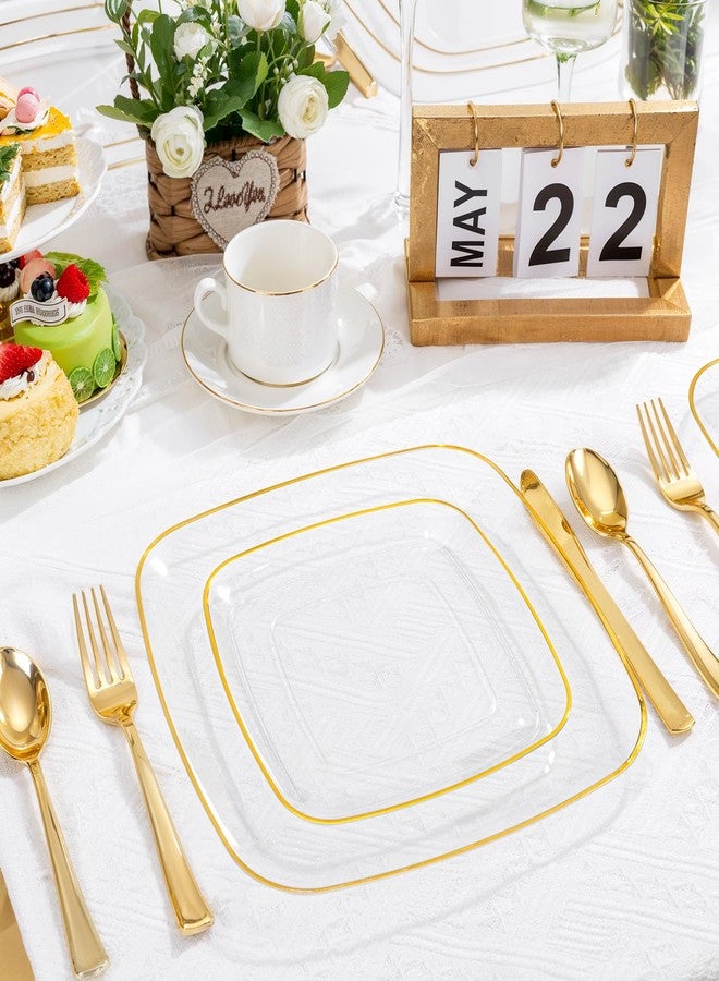 bUCLA 50PCS Clear Plastic Plates with Gold Trim - Heavy Duty Clear Gold Square Plates Disposable - Include 25 Each (Dinner & Dessert) for Party & Wedding - Image 4