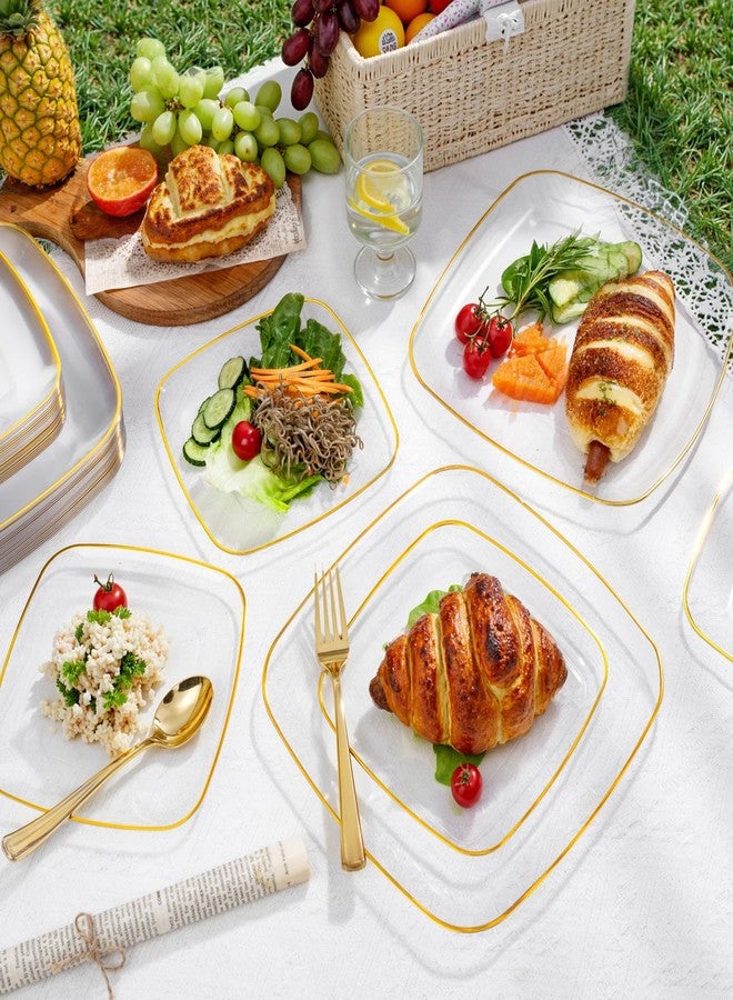 bUCLA 50PCS Clear Plastic Plates with Gold Trim - Heavy Duty Clear Gold Square Plates Disposable - Include 25 Each (Dinner & Dessert) for Party & Wedding - Image 3