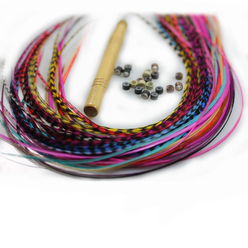 طقم وصلات شعر ريش ملون زاهي 10 ريش دجاج حقيقية جميع الريش مفكوك يتراوح طولها من 7 إلى 11 بوصة يتضمن 10 خرزات دقيقة أداة خطاف 21 قطعة إجمالاً