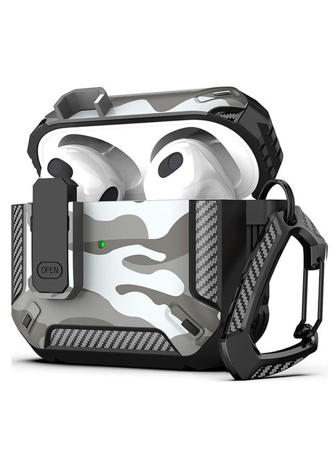 For AirPods 4 Case Cover (2024) with Secure Lock Clip, Camouflage Design Full Drop Protection Shockproof Hard PC Case Cover Keychain- Grey