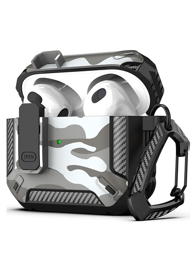 O Ozone - For AirPods 4 Case Cover (2024) with Secure Lock Clip, Camouflage Design Full Drop Protection Shockproof Hard PC Case Cover Keychain- Grey - Image 1