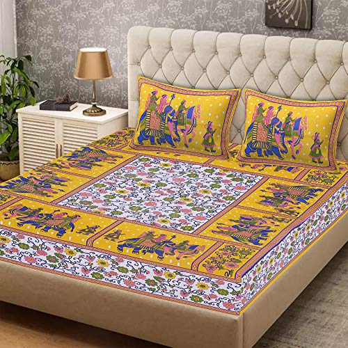 EarlyMart Cotton Comfort 144 TC Rajasthani Jaipuri Traditional Floral Double Bed Bedsheet with 2 Pillow Covers (Double_048, Yellow, King Size) - Image 1