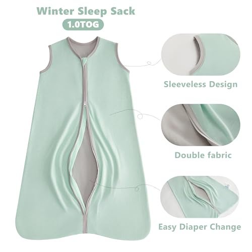 TILLYOU Baby Sleep Sack 12-18 Months, 1.0 Tog Soft Double Zipper Sleeping Sack Wearable Blanket, Green - Image 3