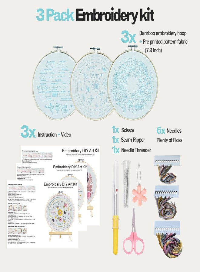 Samesuit Embroidery kit,3 Pack Beginner Embroidery Kit For Adults With Step by Step Learn 22 Different Stitches from Instruction & Video,Stamped Embroidery Patterns,Hand Embroidery Kit for Adult, Stitches Kit - Image 5
