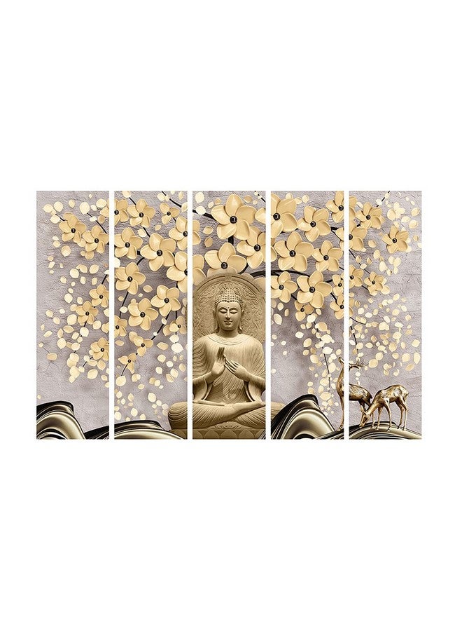999STORE 5 panel wall painting wall frames wall hanging lord buddha painting with frame Blessing Golden Color with flowers nature (MDF_Size_76x130 cms_color_Golden) S5Frames0494 - Image 2