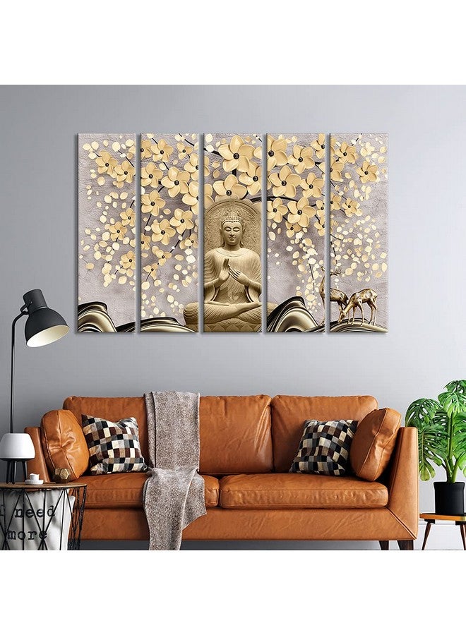 999STORE 5 panel wall painting wall frames wall hanging lord buddha painting with frame Blessing Golden Color with flowers nature (MDF_Size_76x130 cms_color_Golden) S5Frames0494 - Image 1