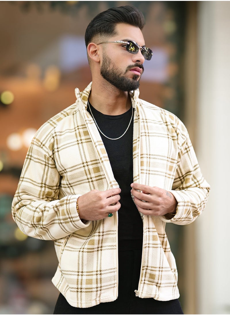 Maniac Maniac Mens Chcekered Full Zipper Biscuit Fullsleeve Polyester Blend Fleece Shacket  - Image 3