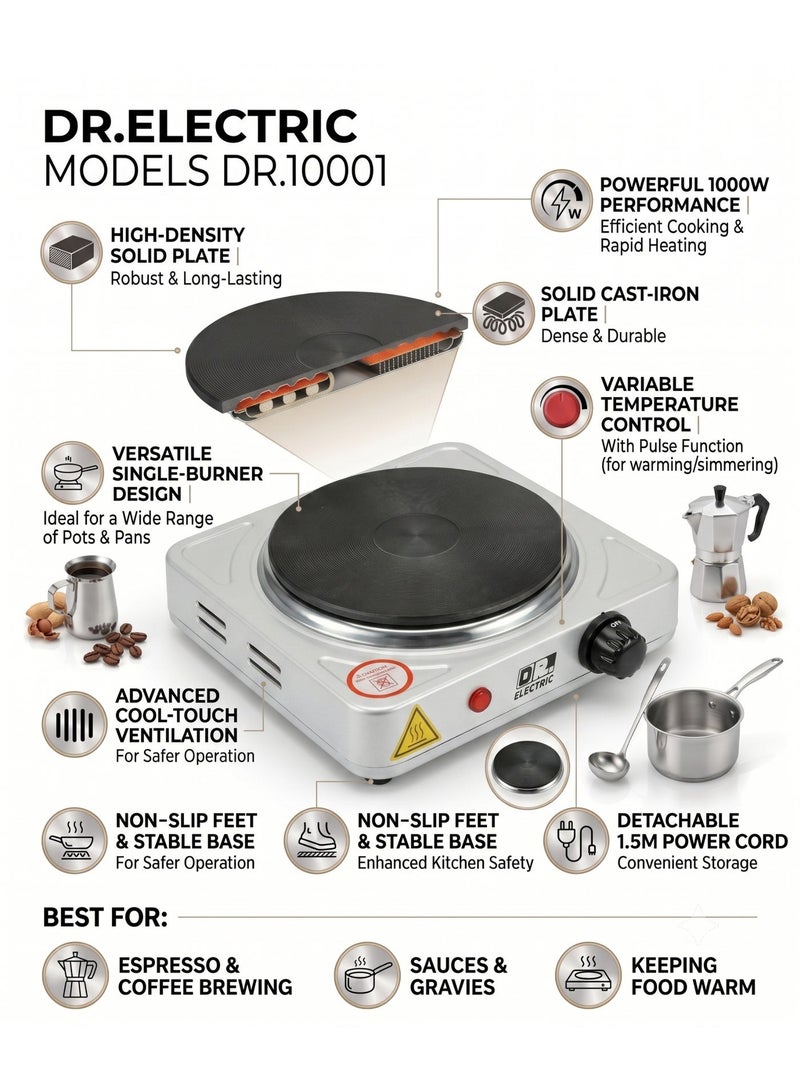 DR.ELECTRIC Single Electric Hob 1000 Watts, White, 20.5 x 8.5x 7.5 cm, 155 mm Heating Surface, Non-Slip Feet, DR.10001 - Image 3