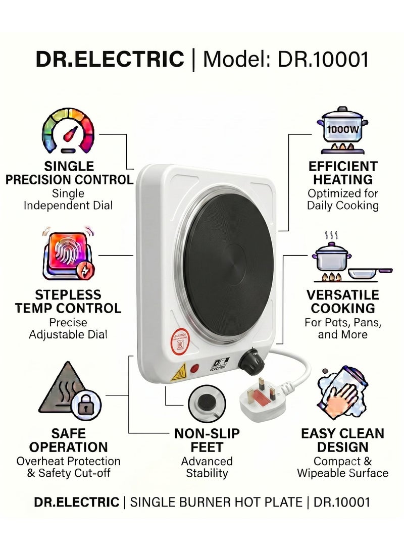 DR.ELECTRIC Single Electric Hob 1000 Watts, White, 20.5 x 8.5x 7.5 cm, 155 mm Heating Surface, Non-Slip Feet, DR.10001 - Image 4