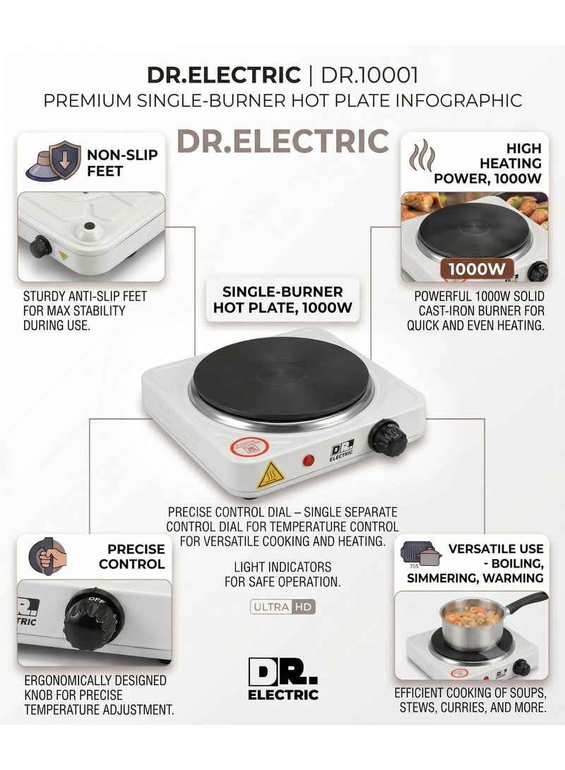 DR.ELECTRIC Single Electric Hob 1000 Watts, White, 20.5 x 8.5x 7.5 cm, 155 mm Heating Surface, Non-Slip Feet, DR.10001 - Image 5