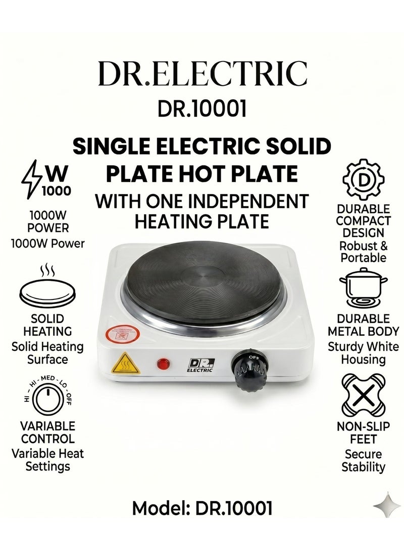 DR.ELECTRIC Single Electric Hob 1000 Watts, White, 20.5 x 8.5x 7.5 cm, 155 mm Heating Surface, Non-Slip Feet, DR.10001 - Image 1