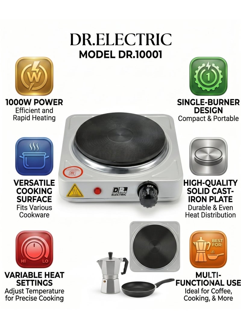 DR.ELECTRIC Single Electric Hob 1000 Watts, White, 20.5 x 8.5x 7.5 cm, 155 mm Heating Surface, Non-Slip Feet, DR.10001 - Image 2