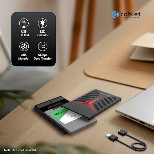 Cablet 2.5 Inch SATA USB 3.0 HDD/SSD Portable External Enclosure for 7mm and 9.5mm, Tool-Free Design, Supports UASP Max 6TB (HD2533-U3-BK-BP) - Image 3