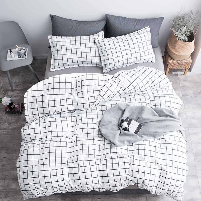 NANKO Queen Duvet Cover Set Grid, 90x90 Soft Bedding Cover, Luxury Cool Lightweight Microfiber 3pc Set (1 Cover 2 Pillowcase) with Zip,Tie - Modern Style Preppy Room Decor Bed Quilt Cover, Plaid White - Image 3