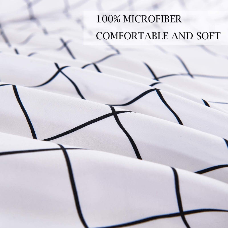 NANKO Queen Duvet Cover Set Grid, 90x90 Soft Bedding Cover, Luxury Cool Lightweight Microfiber 3pc Set (1 Cover 2 Pillowcase) with Zip,Tie - Modern Style Preppy Room Decor Bed Quilt Cover, Plaid White - Image 4