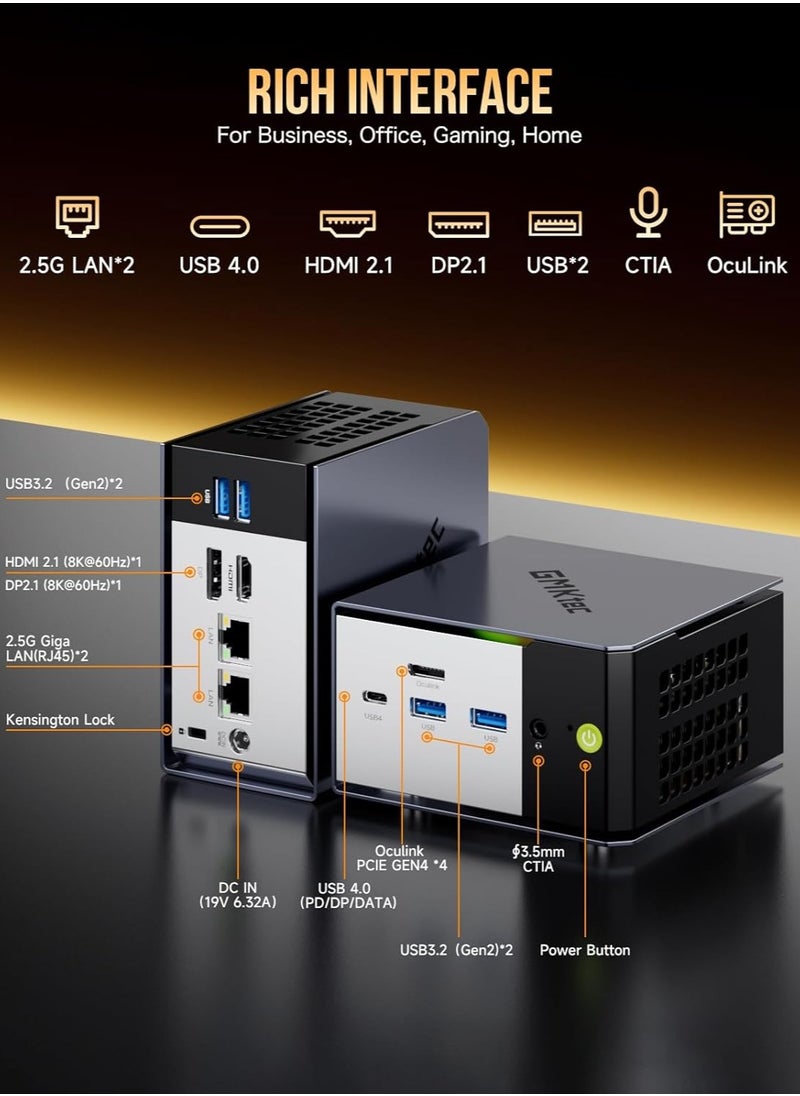 GMKtec AI Mini PC AMD Ryzen AI 9 HX-370 Serie(5.1GHz) Desktop Ultracompact Mini PC Gaming Computers, 32GB LPDDR5X 1TB PCIe 4.0 SSD, Support, Triple Screen 8K Display, WiFi 6 & USB4/Oculink Interface  - Image 2