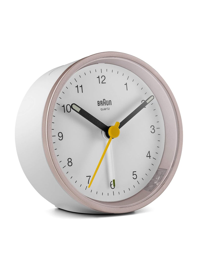 Braun Classic Analogue Alarm Clock with Snooze and Light, Quiet Quartz Movement, Crescendo Beep Alarm in White and Rose, model BC12PW.