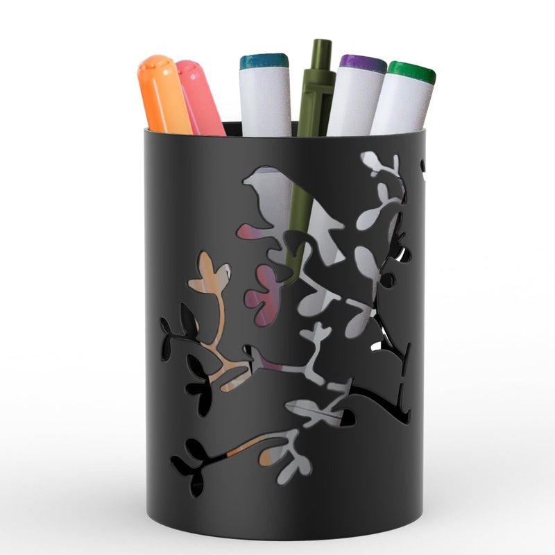 Mango Steam Metal Pen Holder Makeup Brush Cup Organizer for Office Bathroom Vanity Black Bird