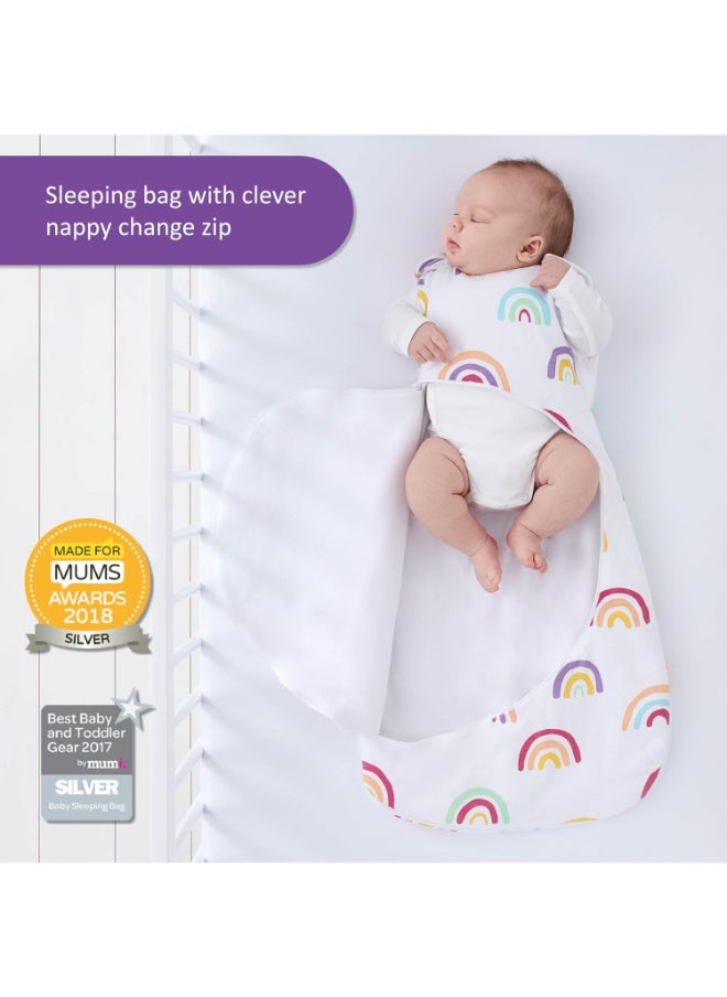 Pouch Sleeping Bag For Infant And Baby 2.5 Tog Clever Nappy Change Zip Material 100% Cotton For Temperatures Within 16 - 20 Celsius Suitable From 0 To 6 Months Max.Length 68 Cm - Rainbow