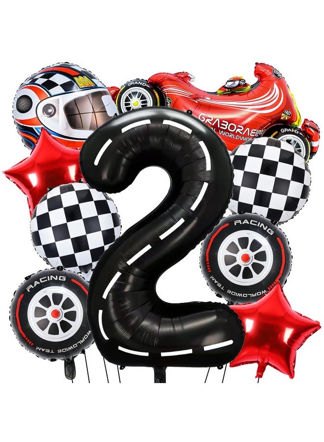 Piokio 9 PCS Race Car Balloons, Black Number 2 Balloon Checkered Balloonss for 2st Birthday Race Car Theme Party Decorations - Image 1