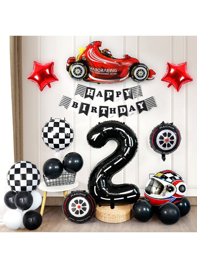 Piokio 9 PCS Race Car Balloons, Black Number 2 Balloon Checkered Balloonss for 2st Birthday Race Car Theme Party Decorations - Image 3