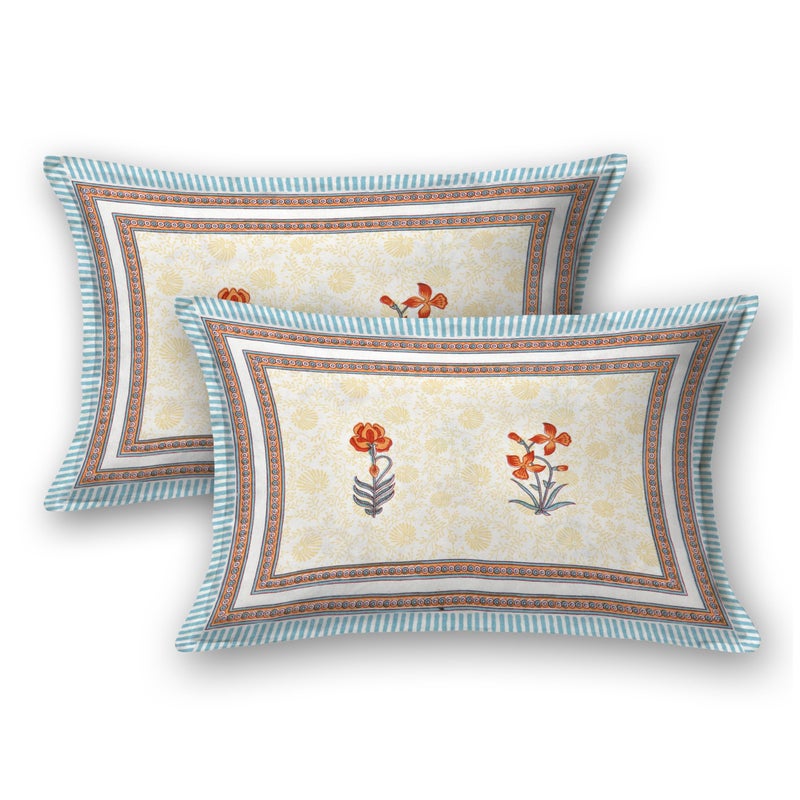 BLOCKS OF INDIA Hand Block Printed 200 TC Cotton King Size Bedsheet (Grey Orange Flower) - Image 5