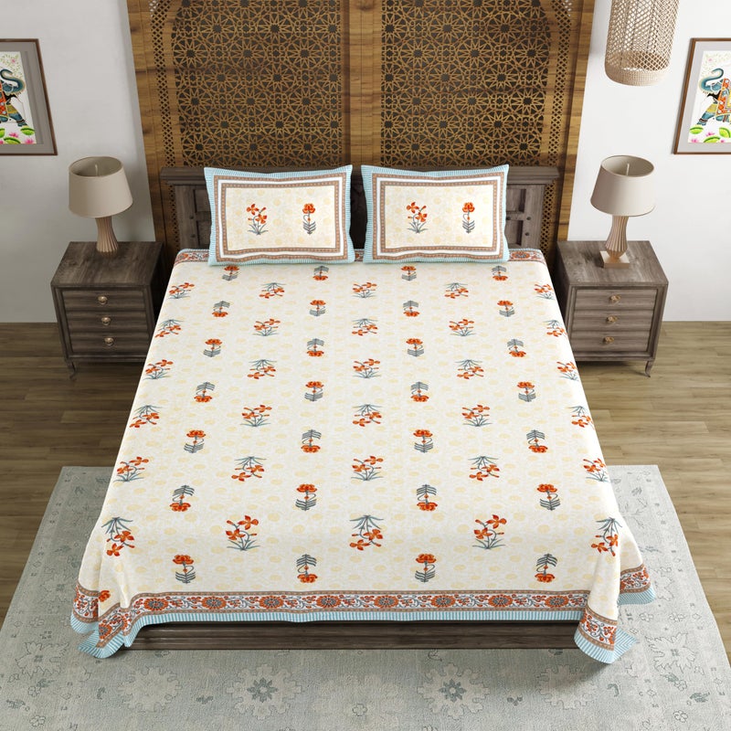 BLOCKS OF INDIA Hand Block Printed 200 TC Cotton King Size Bedsheet (Grey Orange Flower) - Image 2