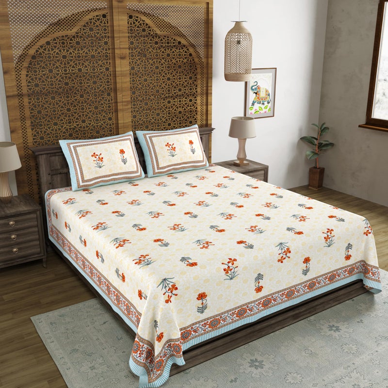 BLOCKS OF INDIA Hand Block Printed 200 TC Cotton King Size Bedsheet (Grey Orange Flower) - Image 3