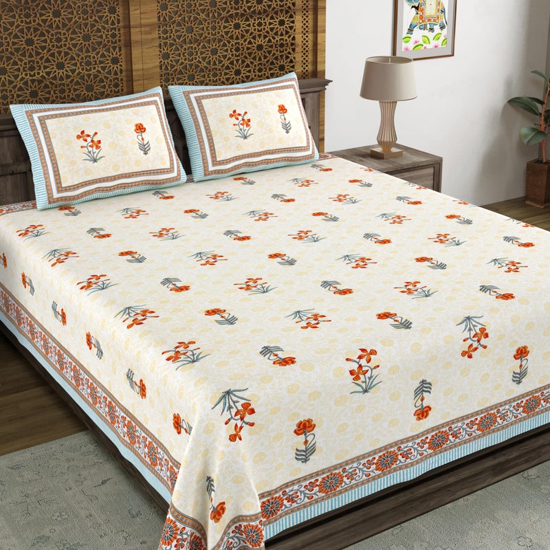 BLOCKS OF INDIA Hand Block Printed 200 TC Cotton King Size Bedsheet (Grey Orange Flower) - Image 1