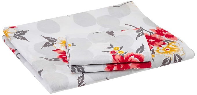 144 TC COTTON BEDSHEET WITH 2 PILLOW COVERS DANCING FLORA RED DOUBLE