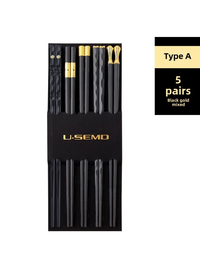 NIBEMINENT Elegant Alloy Chopsticks High-Temperature Resistant Black gold simple chopsticks 5 pairs 