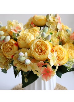 KASTWAVE 2Pcs Yellow Artificial Flower Bouquet - Silk Peony & Hydrangea with Realistic Carnations & Berries | Elegant Table Centerpieces & Wedding Decor  - Image 3
